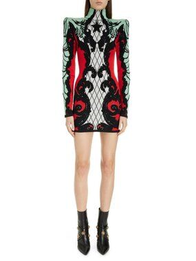 Balmain Women's Baroque Long Sleeve Jacquard Knit Mini Dress Size 40 / US 8